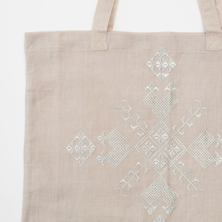 Embroidered Linen Tote in Grey