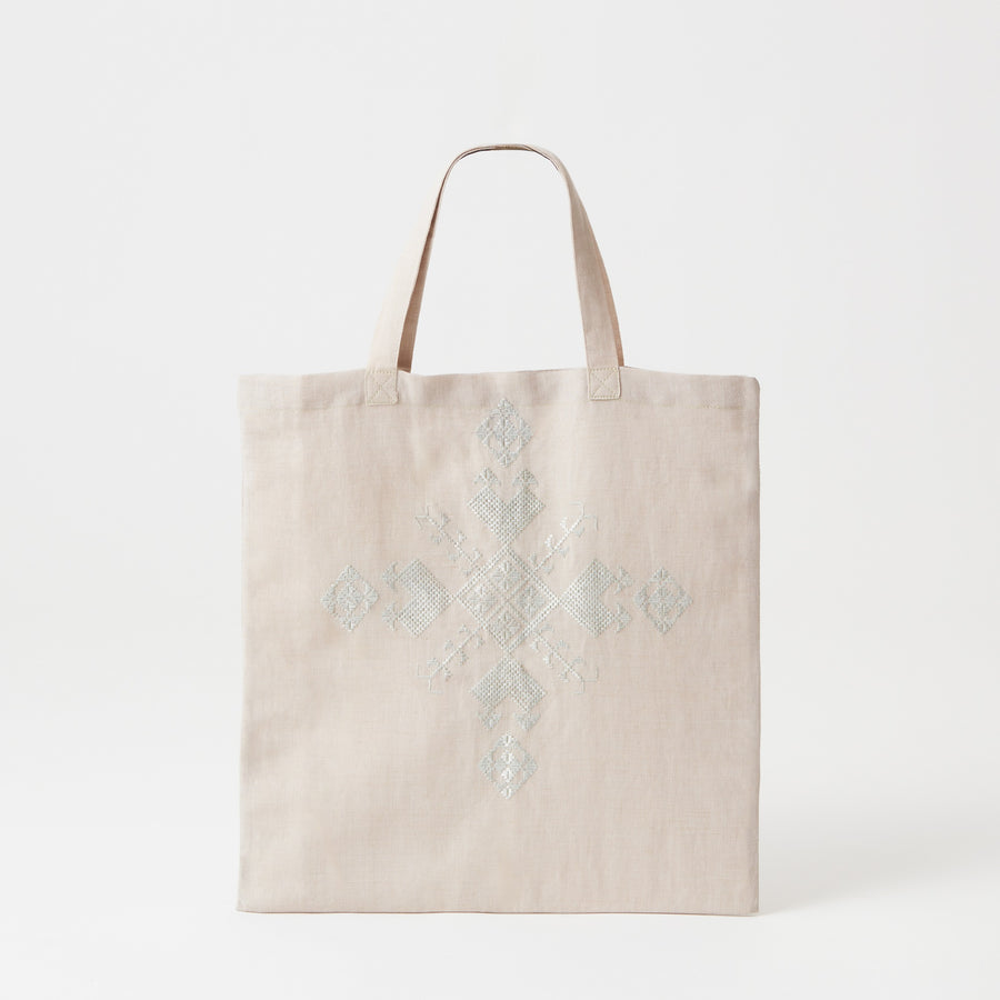 Embroidered Linen Tote in Grey