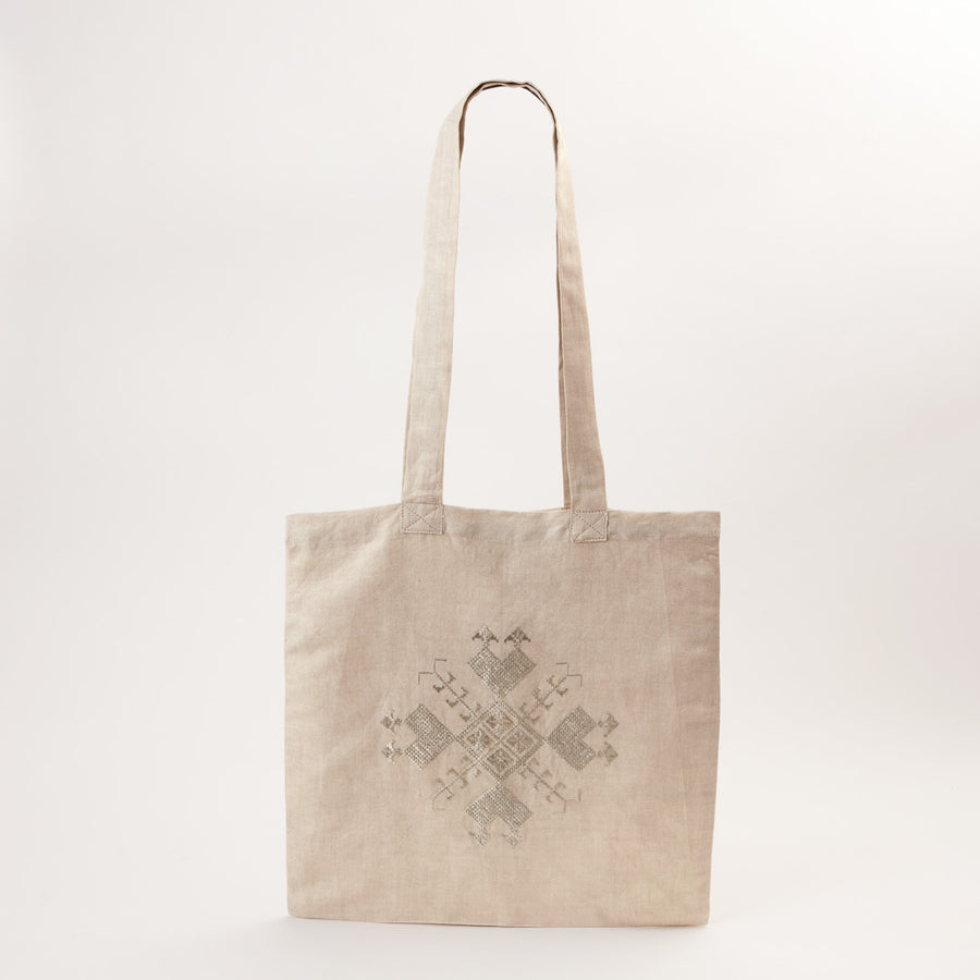 Embroidered Linen Tote in Grey