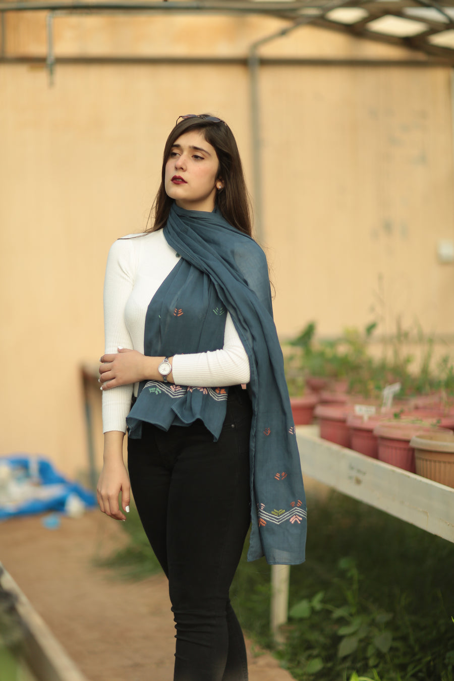 Embroidered Shawl in Navy