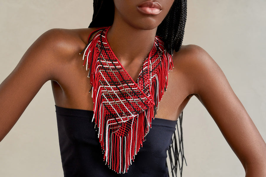 Hand-beaded Plaid Scarf Necklace