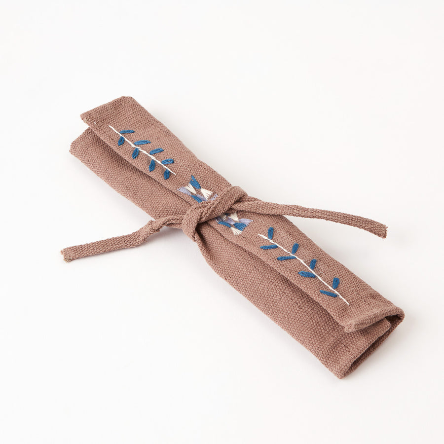 Wooden Cutlery Set with Embroidered Wrap