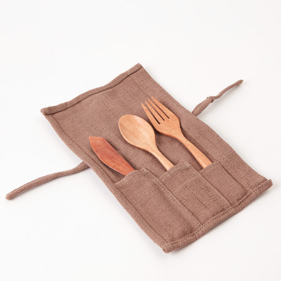 Wooden Cutlery Set with Embroidered Wrap