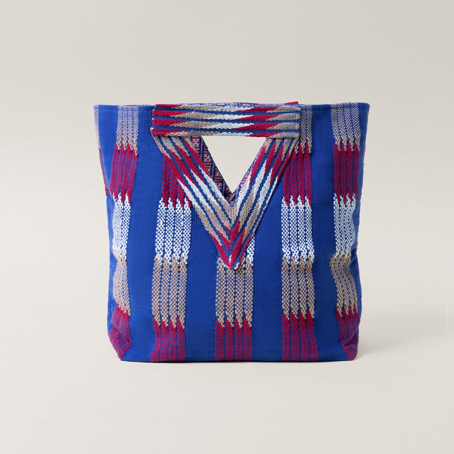 V-Handle Handwoven Tote with Blue Stripes