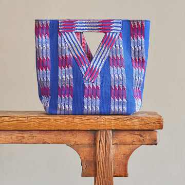 V-Handle Handwoven Tote with Blue Stripes