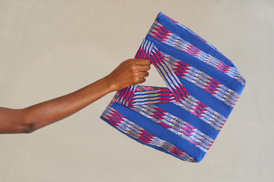 V-Handle Handwoven Tote with Blue Stripes