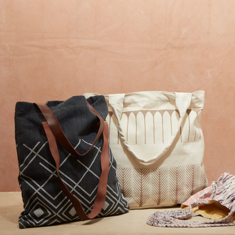 Grey Block Printed Tote Bag with Leather Straps