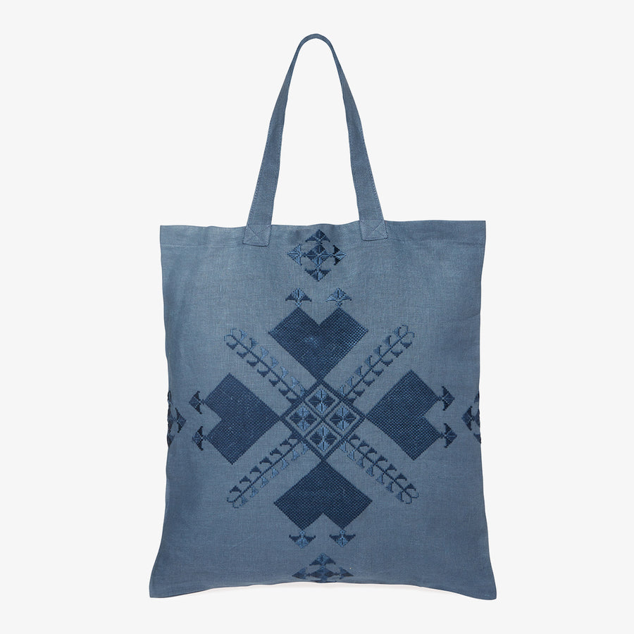 Embroidered Linen Tote in Blue, Crafted by Afghan Refugees, Hand-embroidered Accessory, Artisan Links