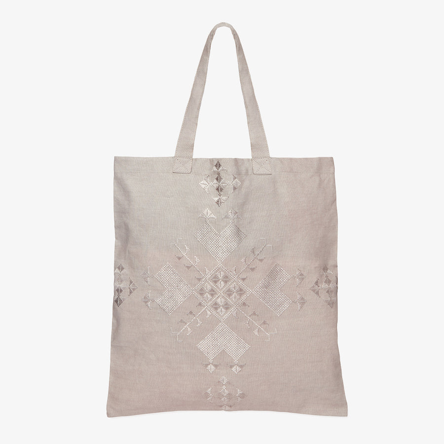 Embroidered Linen Tote in Grey, Crafted by Afghan Refugees, Hand-embroidered Accessory, Artisan Links