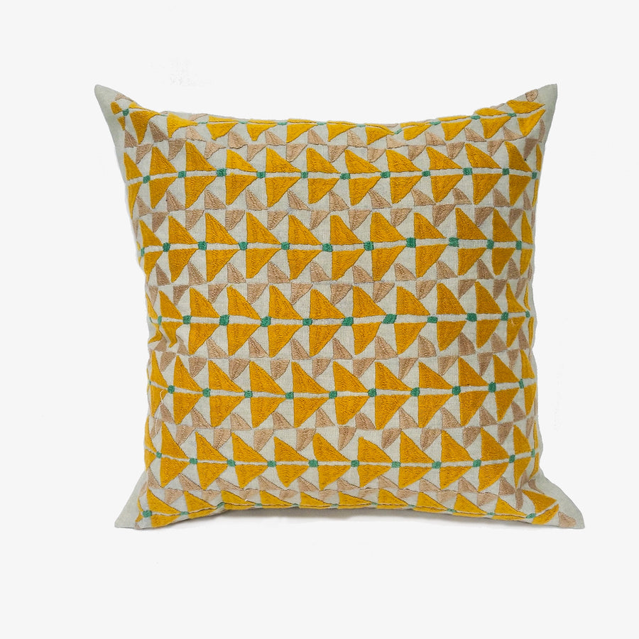 Pukhtadozi Benri Yellow Cushion, Crafted by Afghan Refugees, Hand-embroidered Homewares, Artisan Links