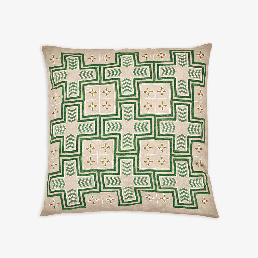 Tarshuma Cushion in Green, Crafted by Afghan Refugees, Hand-embroidered Homewares, Artisan Links