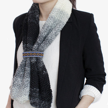 Narrow Shawl in White & Grey, Crafted by Syrian Refugees, Hand-knitted Accessory, Tight Knit Syria