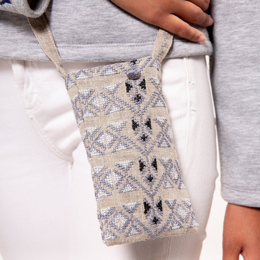 Phone Pouch in Beige & Grey, Crafted by Syrian Refugees, Hand-embroidered Accessory, SEP Jordan