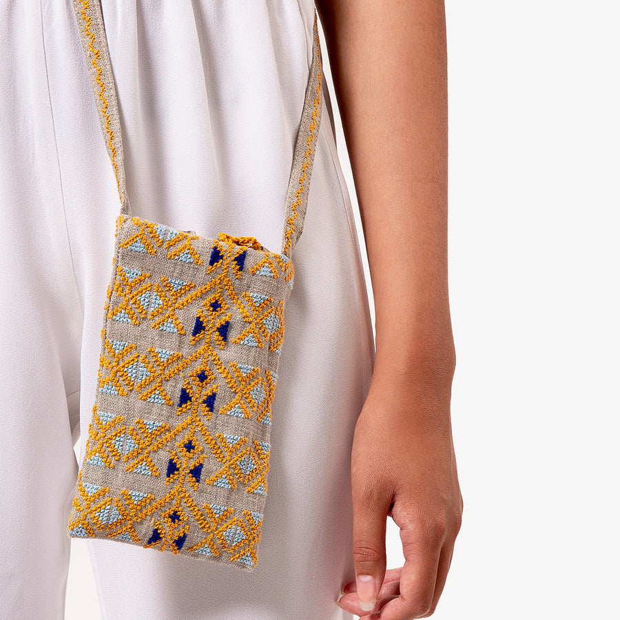 Phone Pouch in Beige & Yellow, Crafted by Syrian Refugees, Hand-embroidered Accessory, SEP Jordan