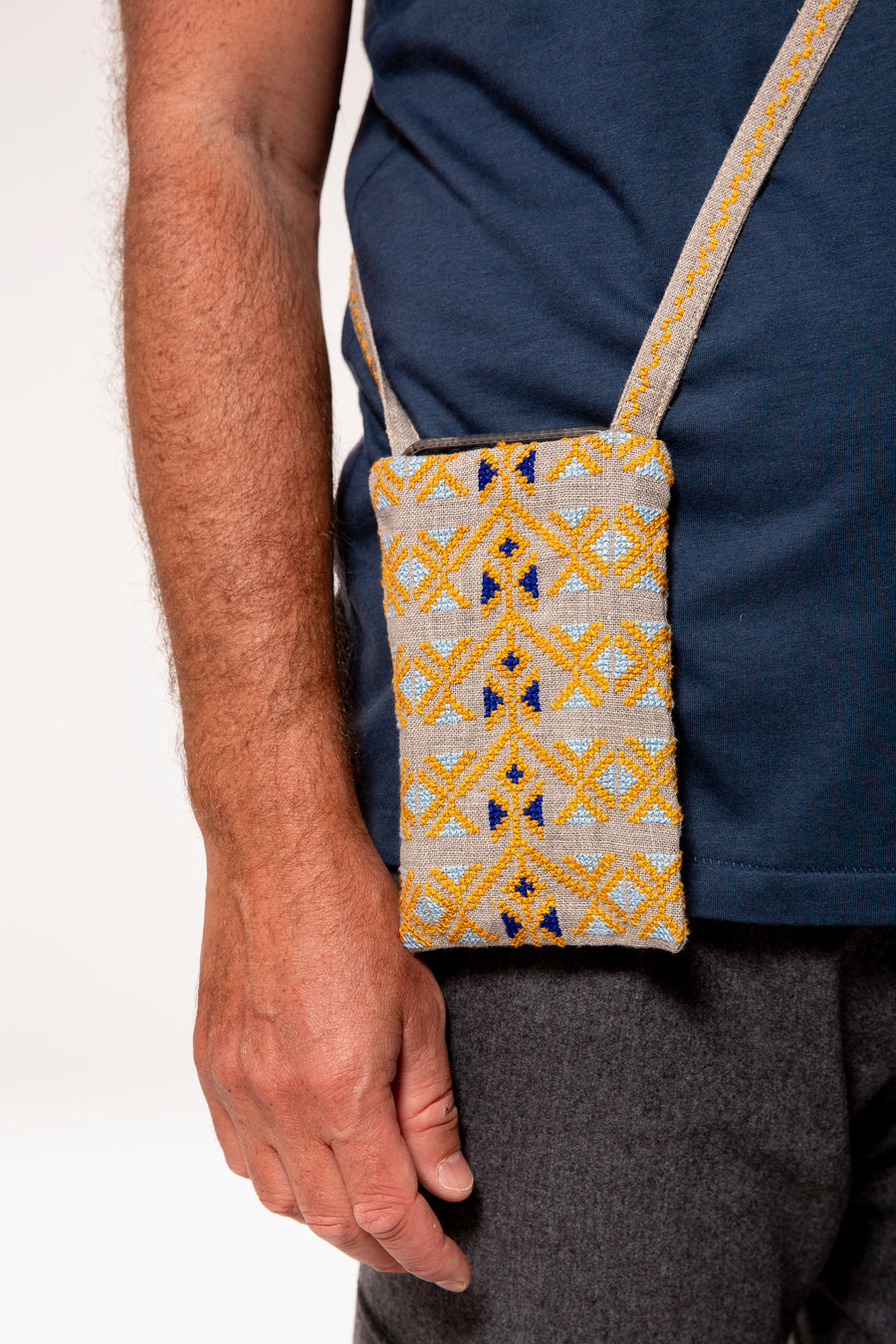 Phone Pouch in Beige & Yellow, Crafted by Syrian Refugees, Hand-embroidered Accessory, SEP Jordan