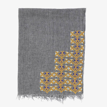 Samira Linen Scarf in Grey, Crafted by Syrian Refugees, Hand-embroidered Accessory, SEP Jordan