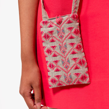 Phone Pouch in Beige & Red, Crafted by Syrian Refugees, Hand-embroidered Accessory, SEP Jordan