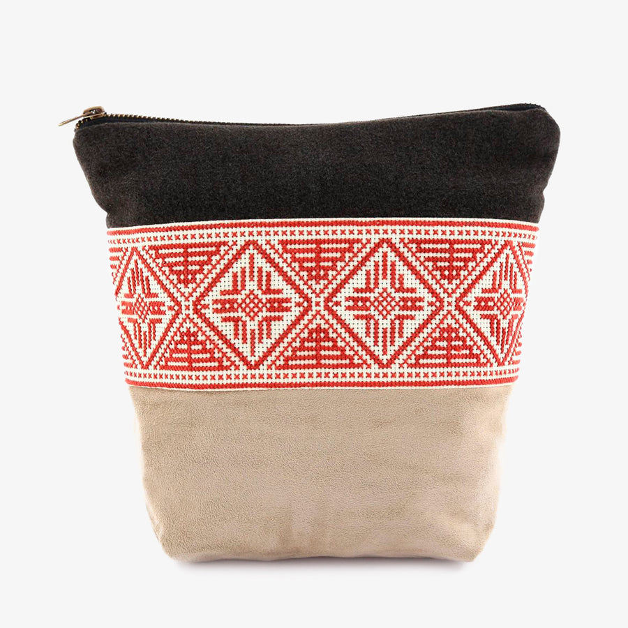Pouch in Taupe & Red, Crafted by Syrian Refugees, Handmade Accessory, Tribalogy