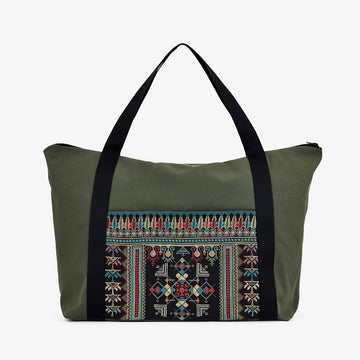 Travel Bag in Khaki, Crafted by Syrian Refugees, Handmade Accessory, Tribalogy