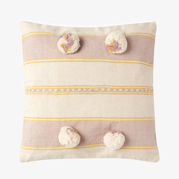 Kayin Pom-Pom Cushion in Pink & Yellow, Crafted by Myanmarese Refugees, Handloomed Homewares, WEAVE