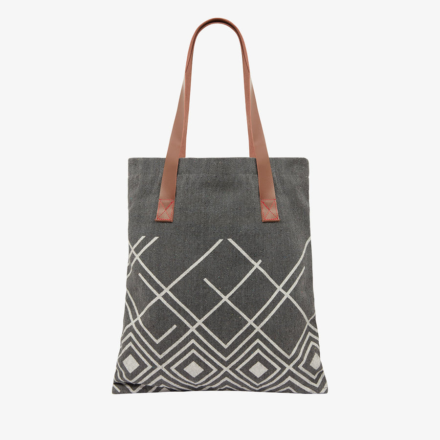 Grey Block Printed Tote Bag with Leather Straps